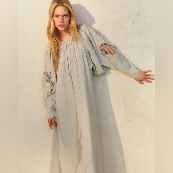 H&M Sage Green Voluminous Embroidery Lace Trimmed Full Sleeve Maxi Dress - Large - Picture 2 of 8